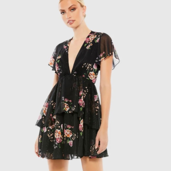 Mac Duggal, Tiered Ruffle Floral Print V Neck Butterfly Sleeve - Picture 1 of 2